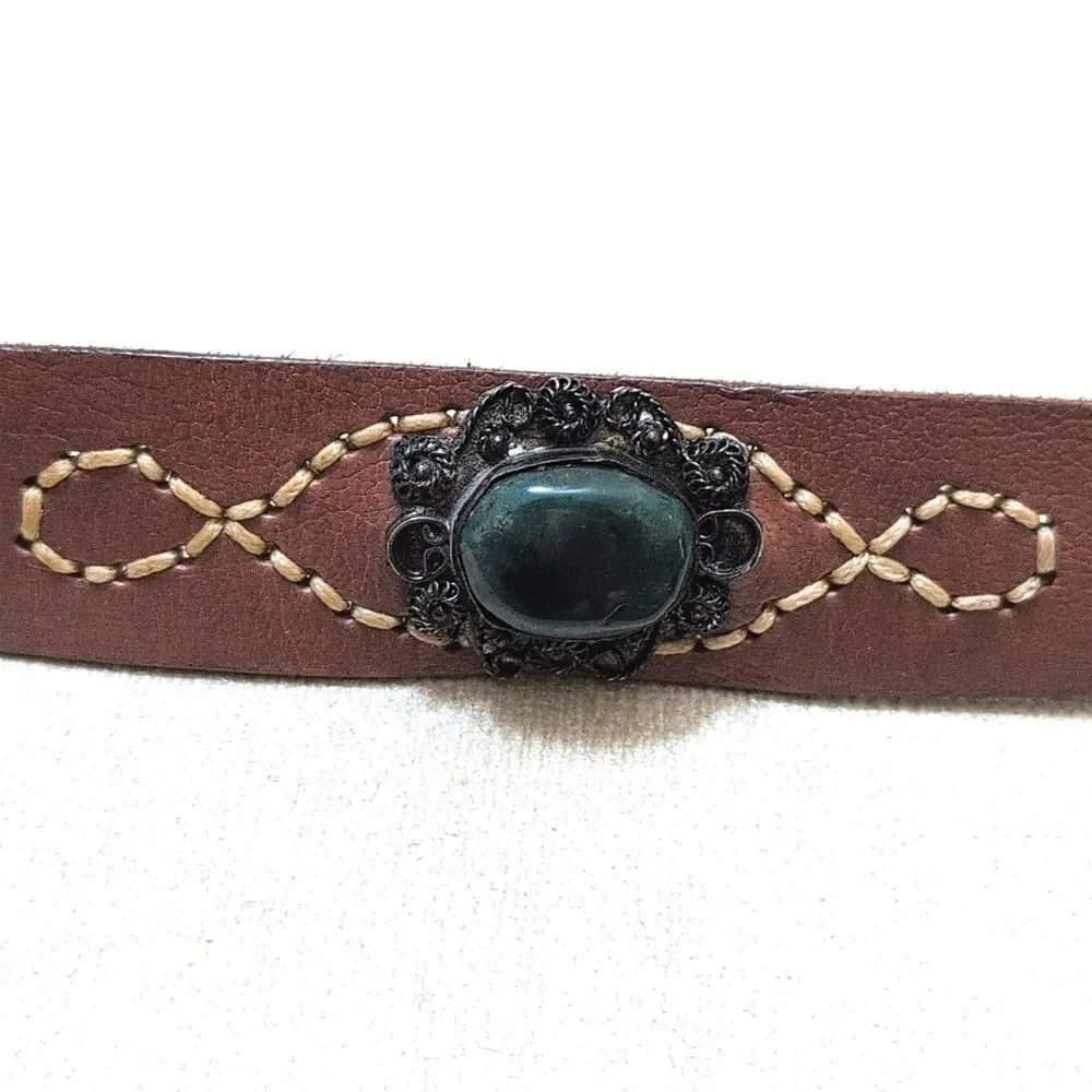 Brown Leather Belt with Cabachon Stone Medallions & Silver Scroll Work Buckle